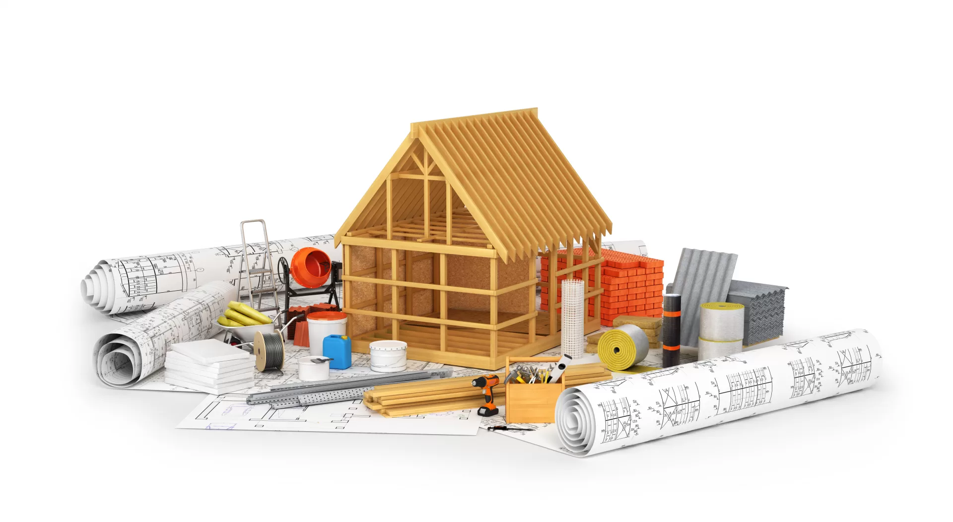 Construction materials, building of a wooden frame placed on the rolls of drawings isolated on white. 3D illustration